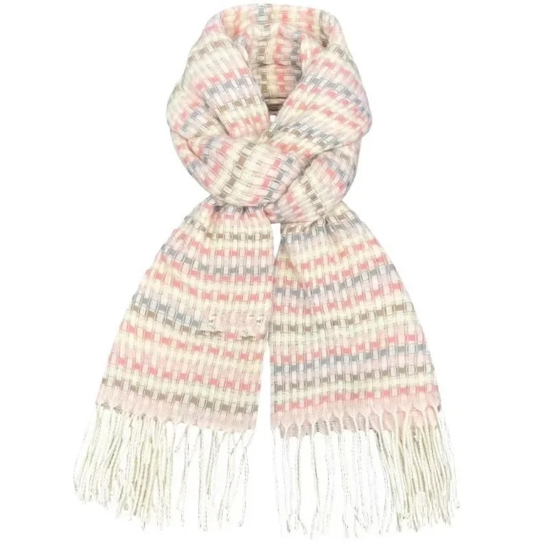 Fresh Light Pink Small Grid Imitation Cashmere Tassel Scarf