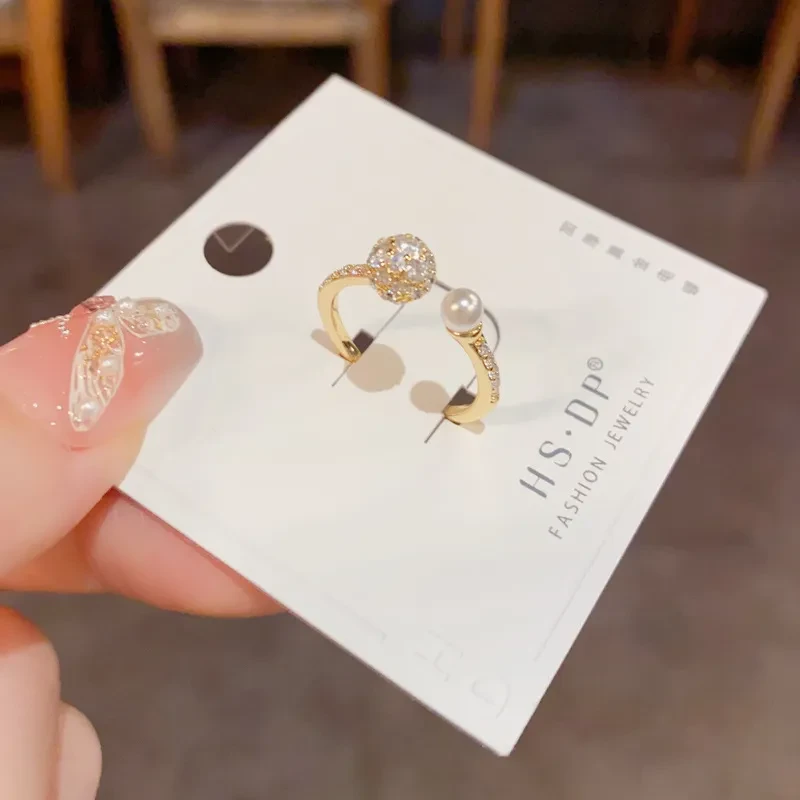 Light Luxury And Simplicity Round Zircon Open-end Pearl Ring