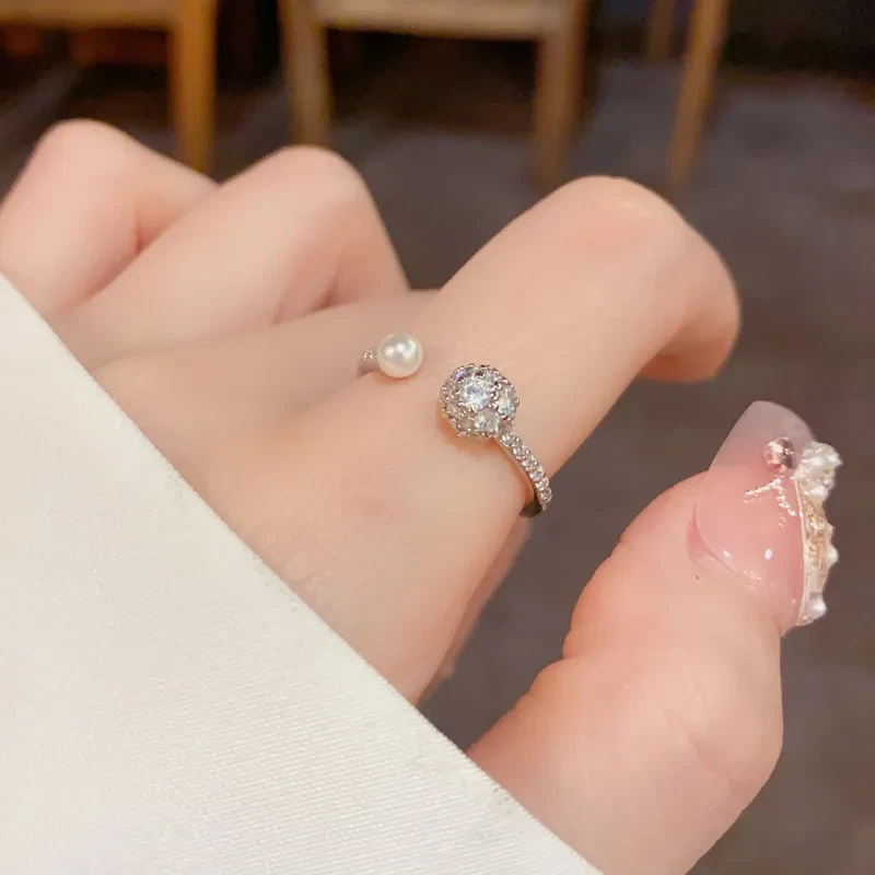 Light Luxury And Simplicity Round Zircon Open-end Pearl Ring