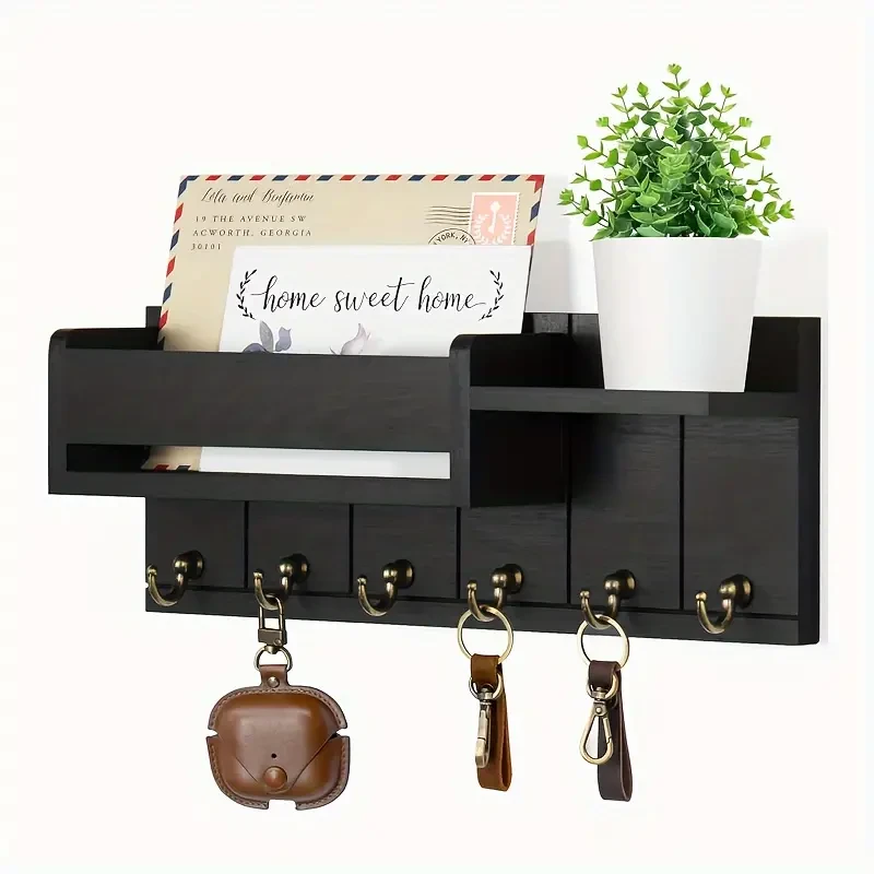 Rustic Wooden Key Holder with Mail Organizer