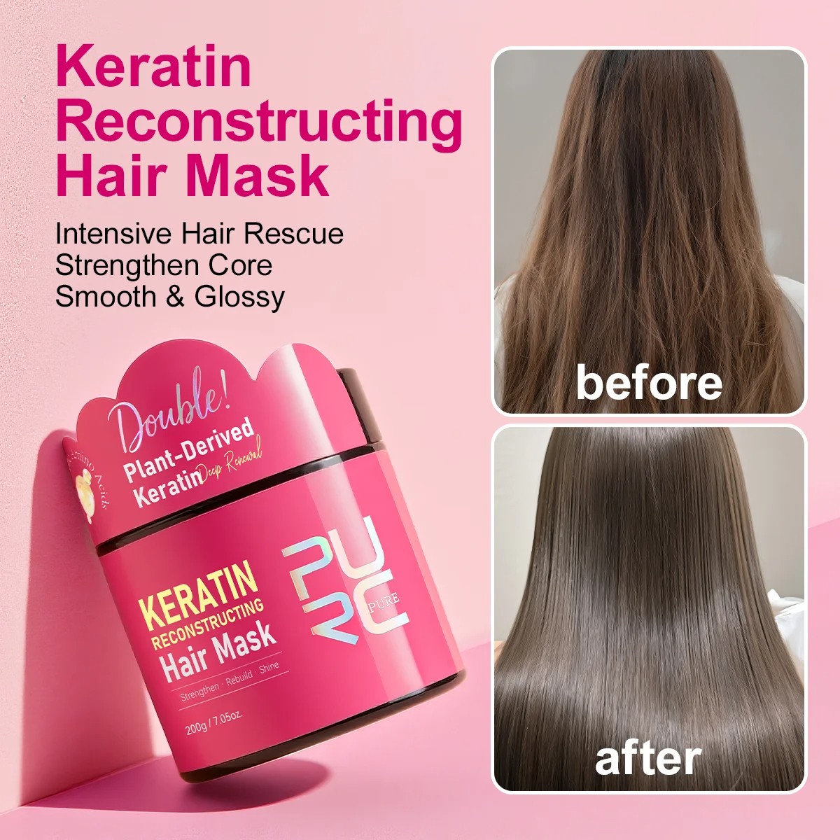 PURC Double Keratin Hair Mask - 3-Minute Deep Repair for Damaged, Frizzy Hair, and Improved Texture
