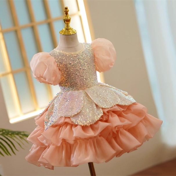 Girls Pure Color Sequins Puff Sleeve Princess Dress