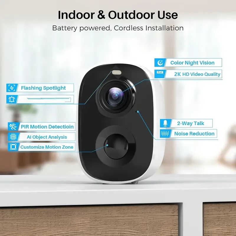 Wireless 2K Outdoor Security Camera - Battery-Powered, AI Detection, Color Night Vision