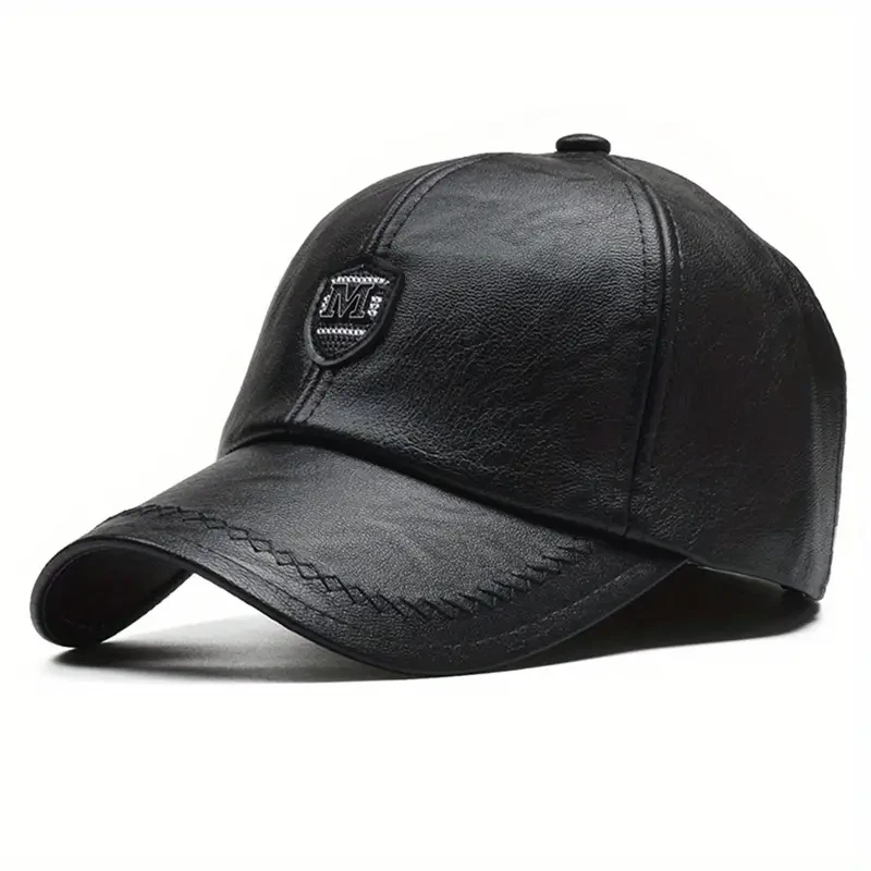 Mens Stylish Black Faux Leather Baseball Cap