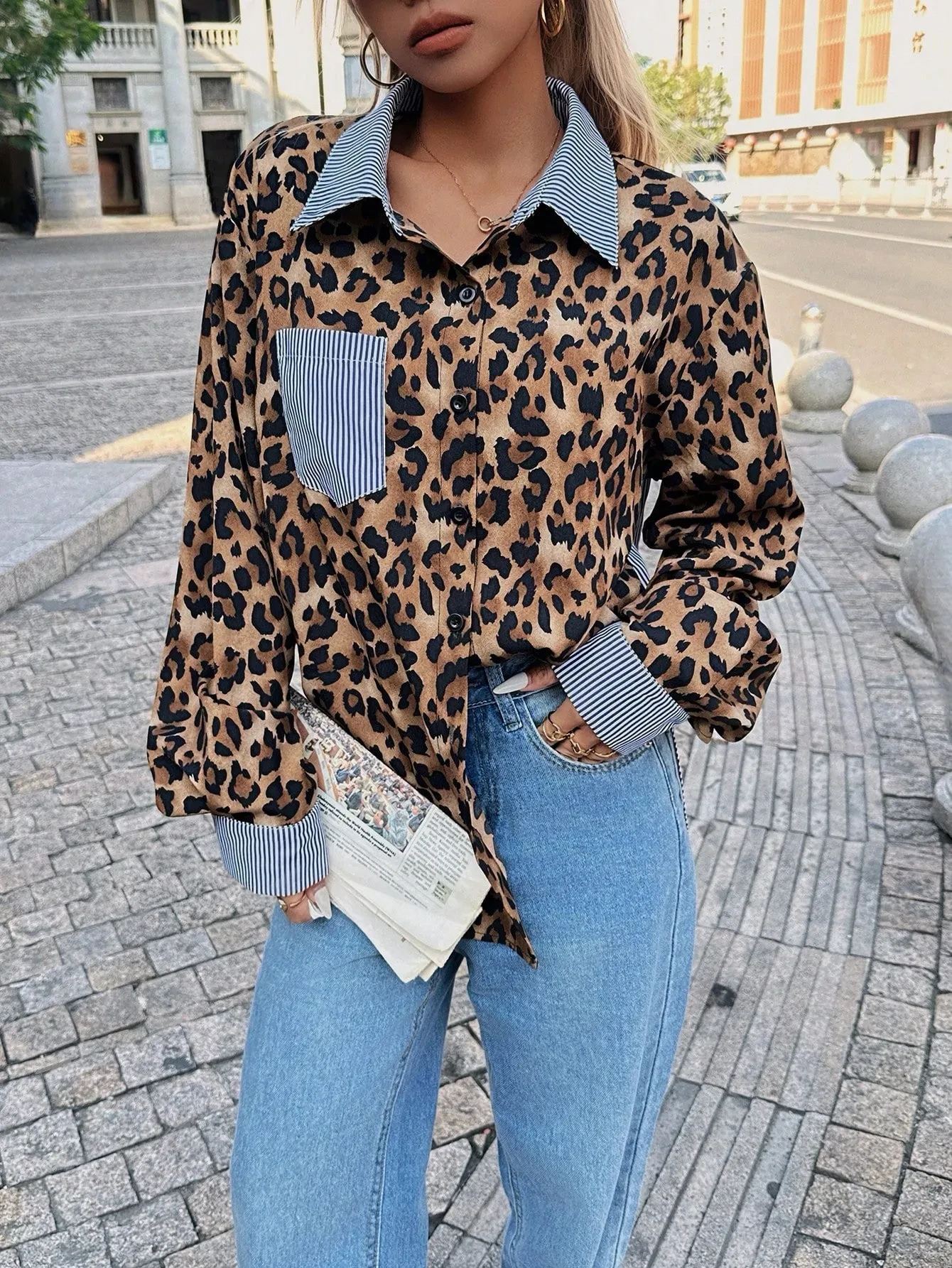 INS Leopard Striped Patchwork Shirt