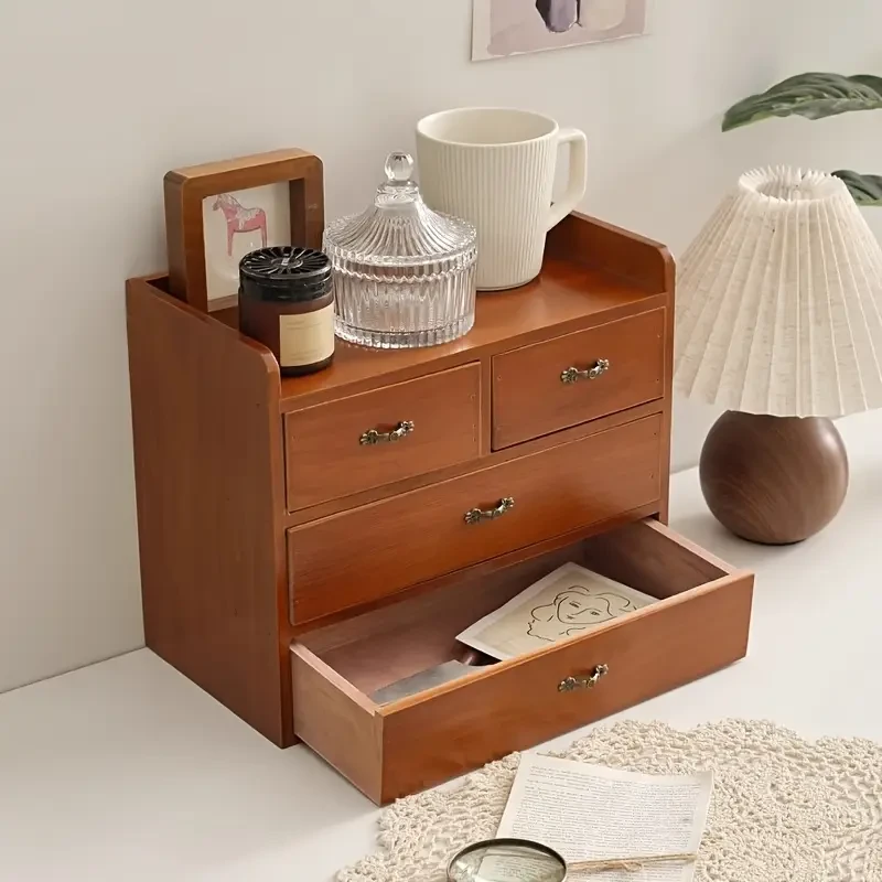 Retro Wooden Desktop Storage Cabinet with Multiple Drawers