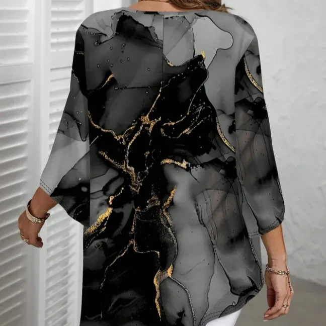 Fashion Casual All-match Marble Printed Round Neck Long Sleeve