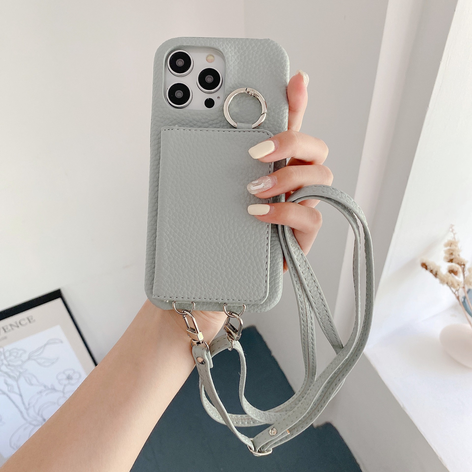 Lychee Pattern Left And Right Open Beauty Mirror Lanyard Phone Case