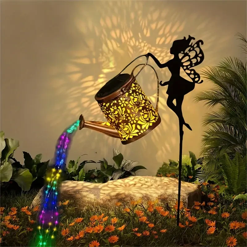 Solar-Powered Watering Can Lights with LED String - Metal Art Fairy Silhouette Stake for Garden, Patio & Lawn