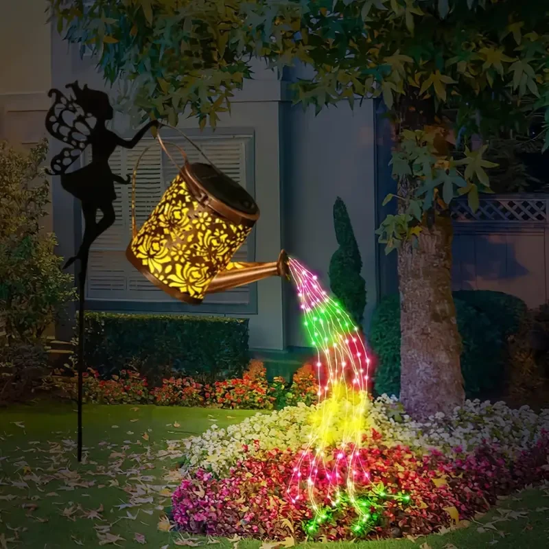 Solar-Powered Watering Can Lights with LED String - Metal Art Fairy Silhouette Stake for Garden, Patio & Lawn