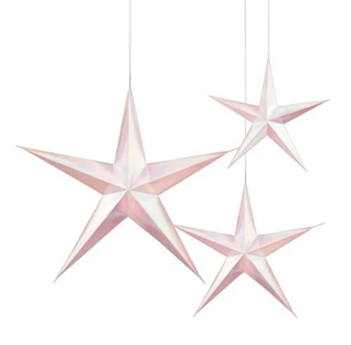 Hanging 3D Star Decorations Iridescent White & Pink - Pack of 3