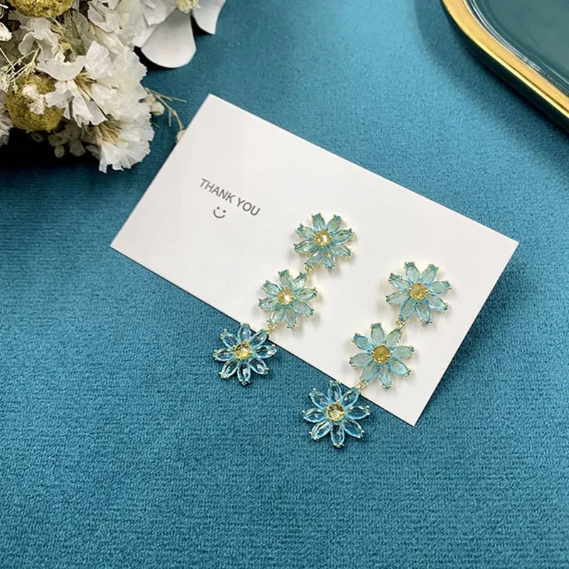 Sun Flower Earrings French Fringed Lake Blue Flowers