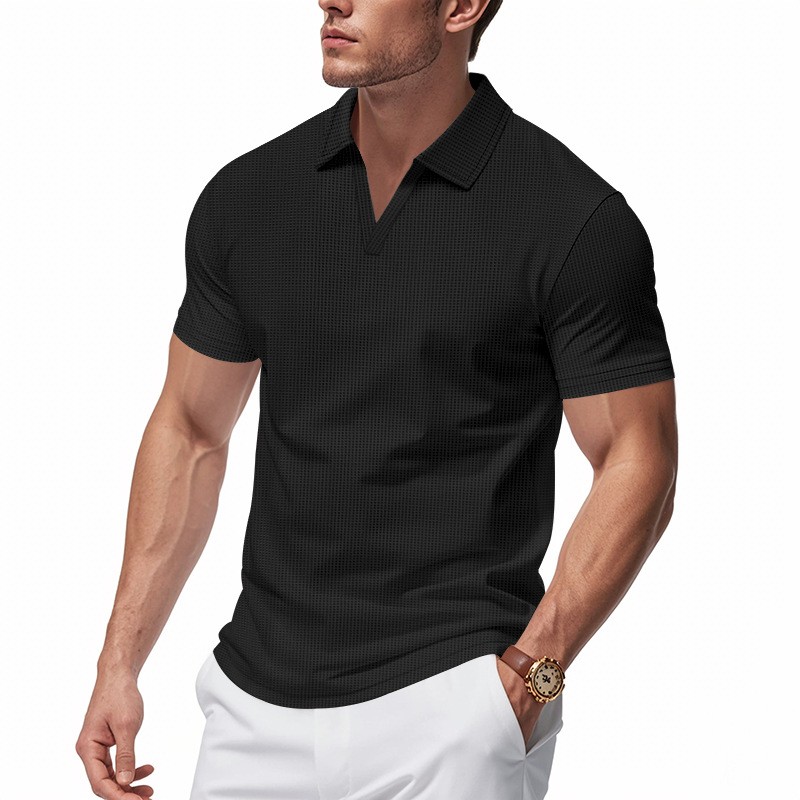 Summer Men's Loose Leisure Sports V-neck Waffle Short Sleeve Lapel Polo Shirt Men