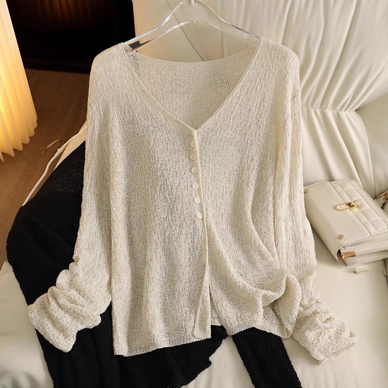 Women's Linen Cardigan With Skirt Collar Thin Hollow Breathable