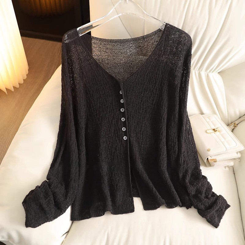 Women's Linen Cardigan With Skirt Collar Thin Hollow Breathable