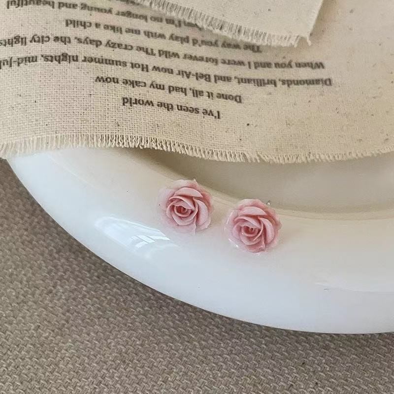 Pink Rose Stud Earrings For Women Sweet And Small Unique Personality