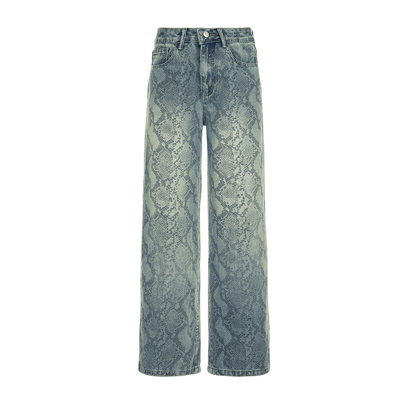 Women's American Style Spliced Snake Pattern Straight Leg Jeans