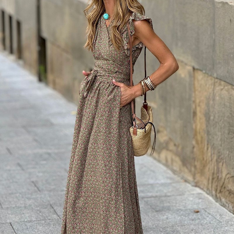 V-neck Ruffled Sleeve Mid-length Dress