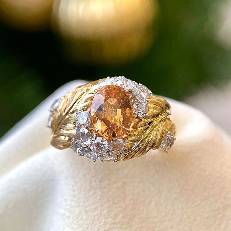 Embossed Feather Ring Female Fashion Exquisite Ring Inlaid Yellow Zircon Style