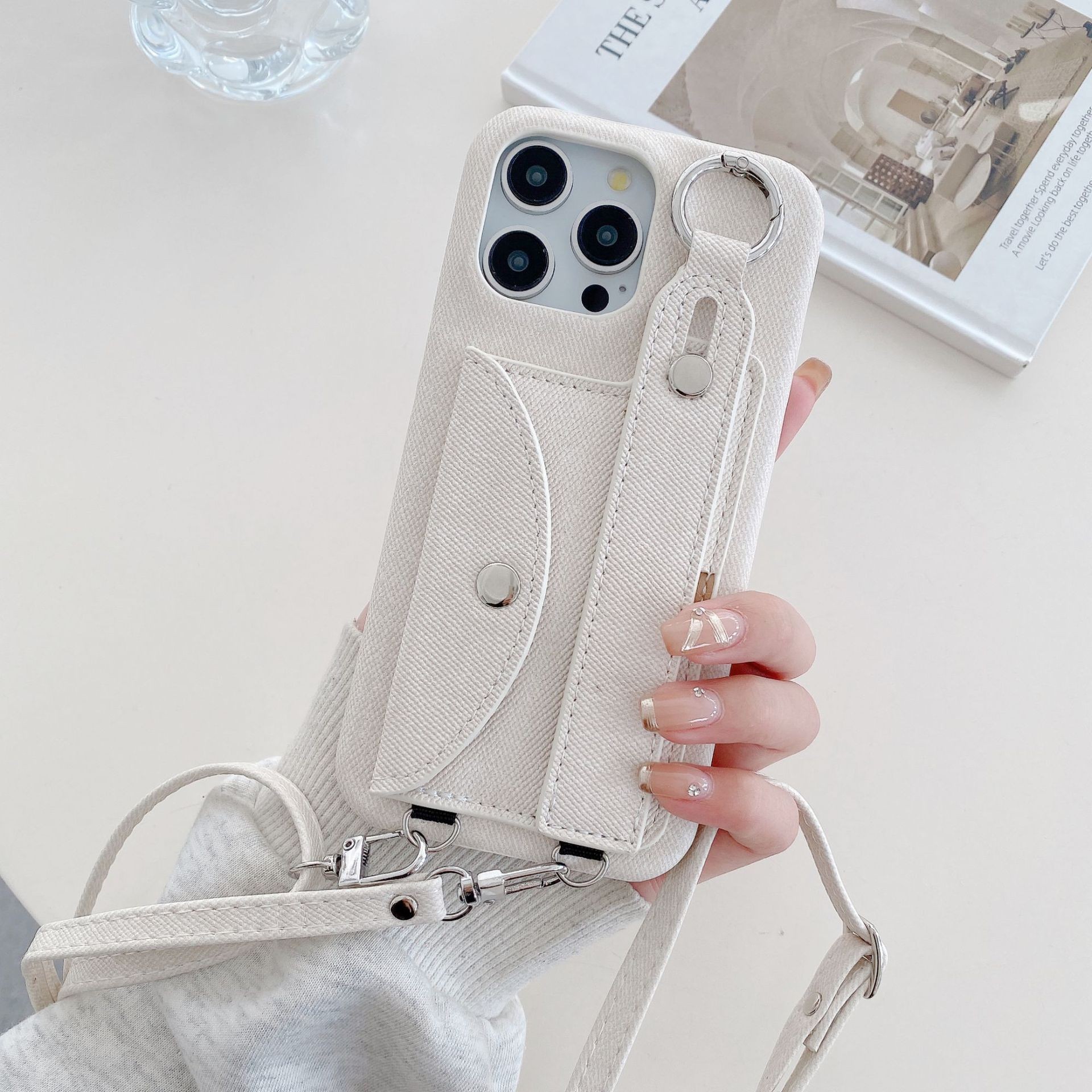 Leather Phone Case Iphone15 Denim Pattern Wrist Strap