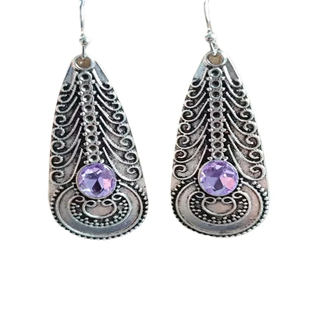 Bohemian Vintage Inlaid Gemstone Feather Earrings