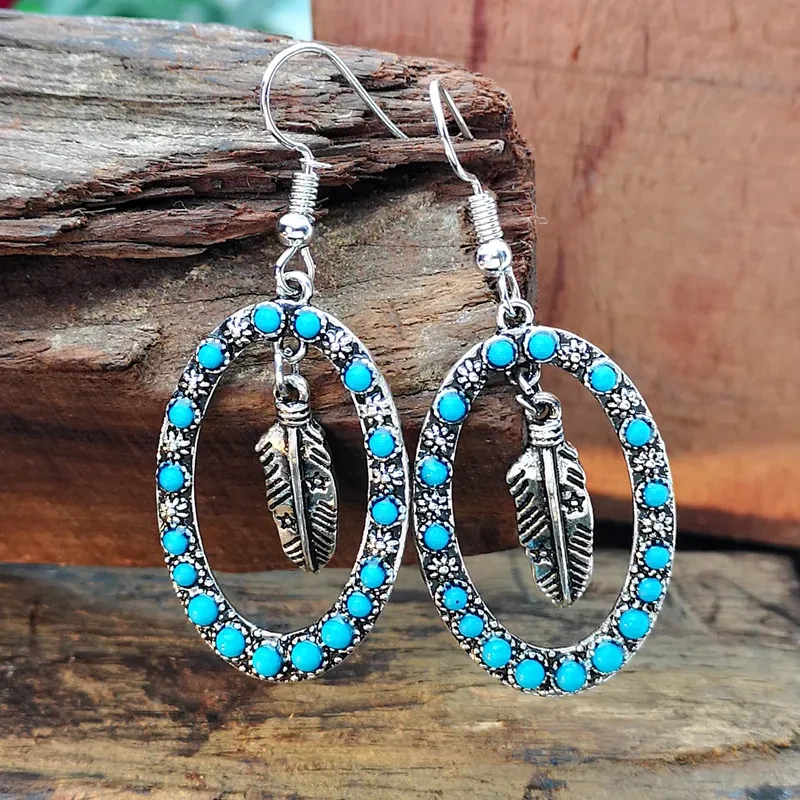 Antique Silver Exaggerated Earrings Vintage Blue Turquoise Feather Earrings