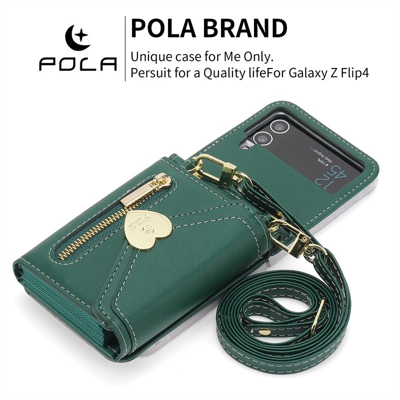 Folding Leather Case Metal Heart Large Capacity Zipper Phone Case