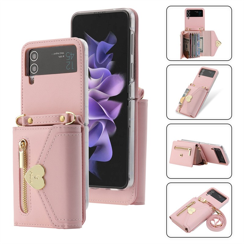 Folding Leather Case Metal Heart Large Capacity Zipper Phone Case