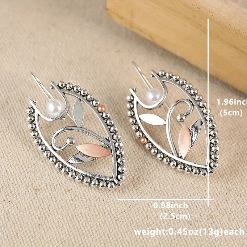 Vintage Pearl Flower And Leaf Carved Metal Lady Creative Earrings