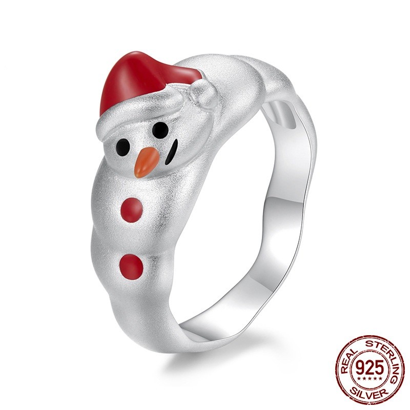 Cute Christmas Snowman Wide Ring S925 Sterling Silver