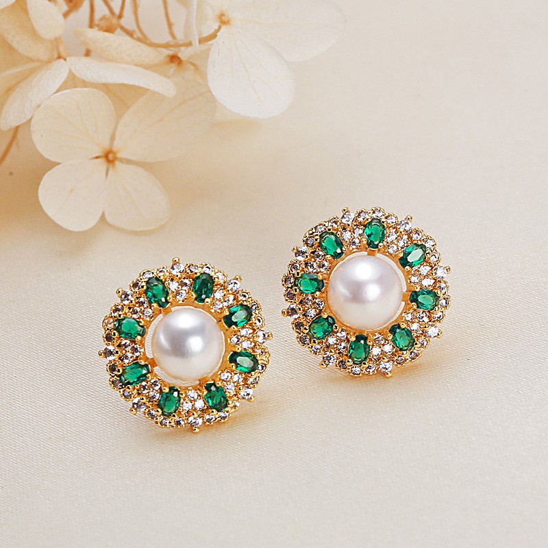 Flat Round Pearl Beccarite Gold Sun Flower Ear Studs