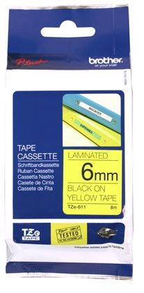 Brother TZe-611 6mm x 8m Black on Yellow Tape