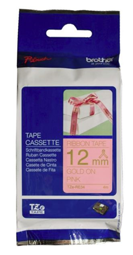 Brother TZe-RE34 12mm x 4m Gold on Pink Ribbon Tape