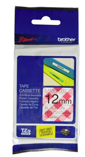 Brother TZe-MPRG31 12mm x 4m Black on Red Gingham Tape