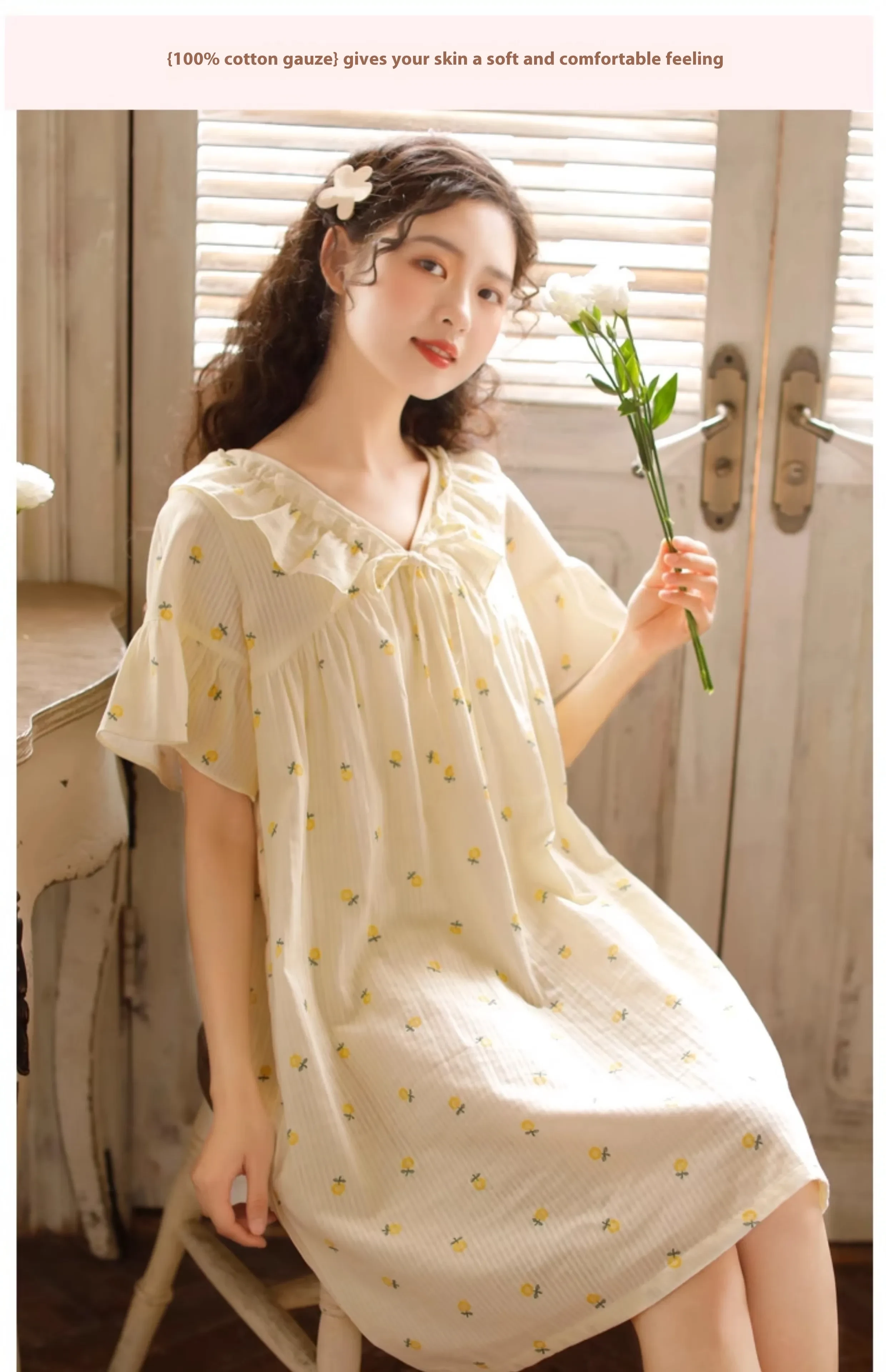 Women's Summer Short-sleeved Korean Style Cotton Nightdress With Chest Pad Floral Print