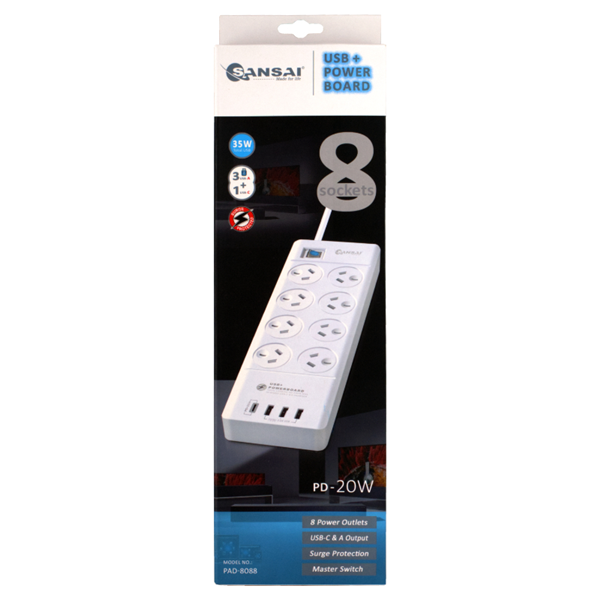 Sansai 8 Way Surge Powerboard with 3x USB Charging Ports