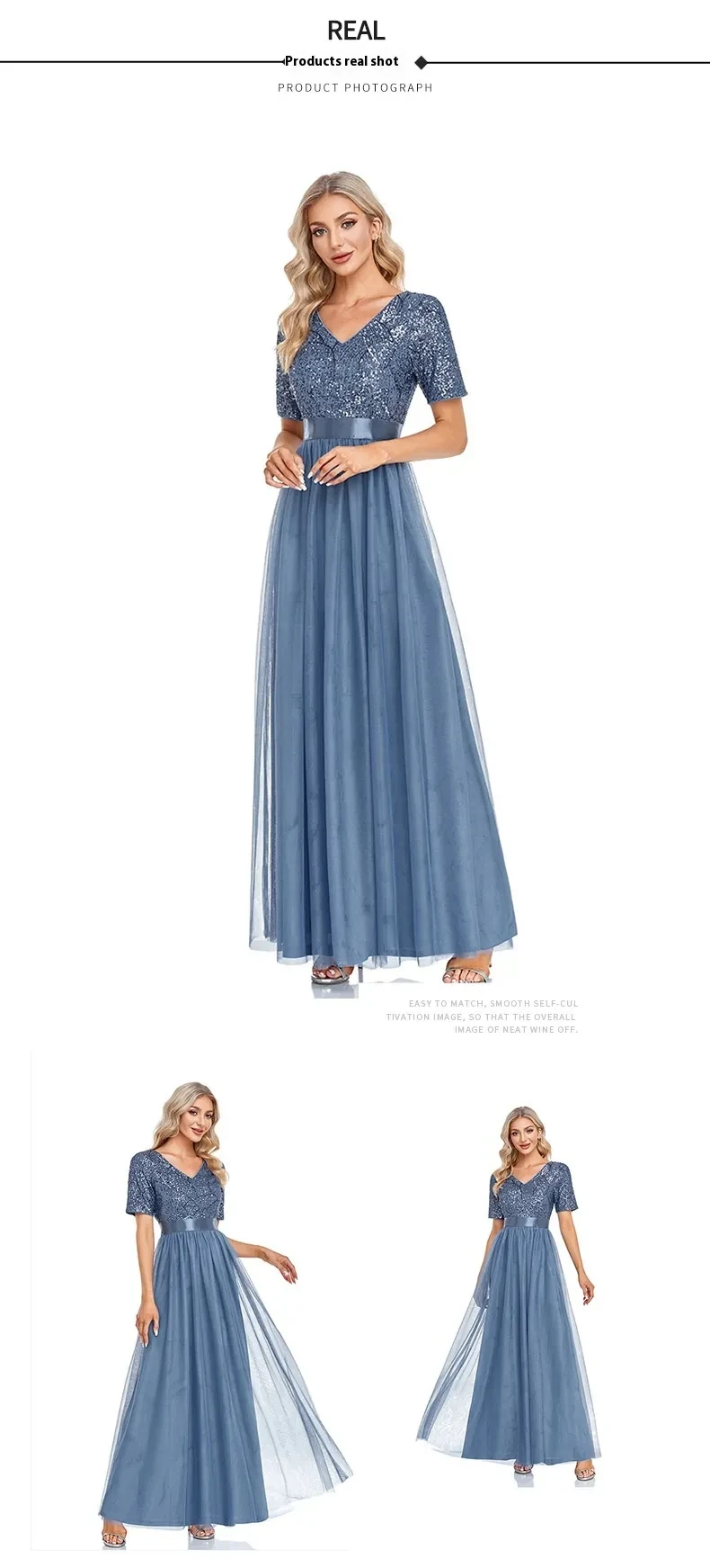 V-neck Sequins Tulle A- Line Evening Dress