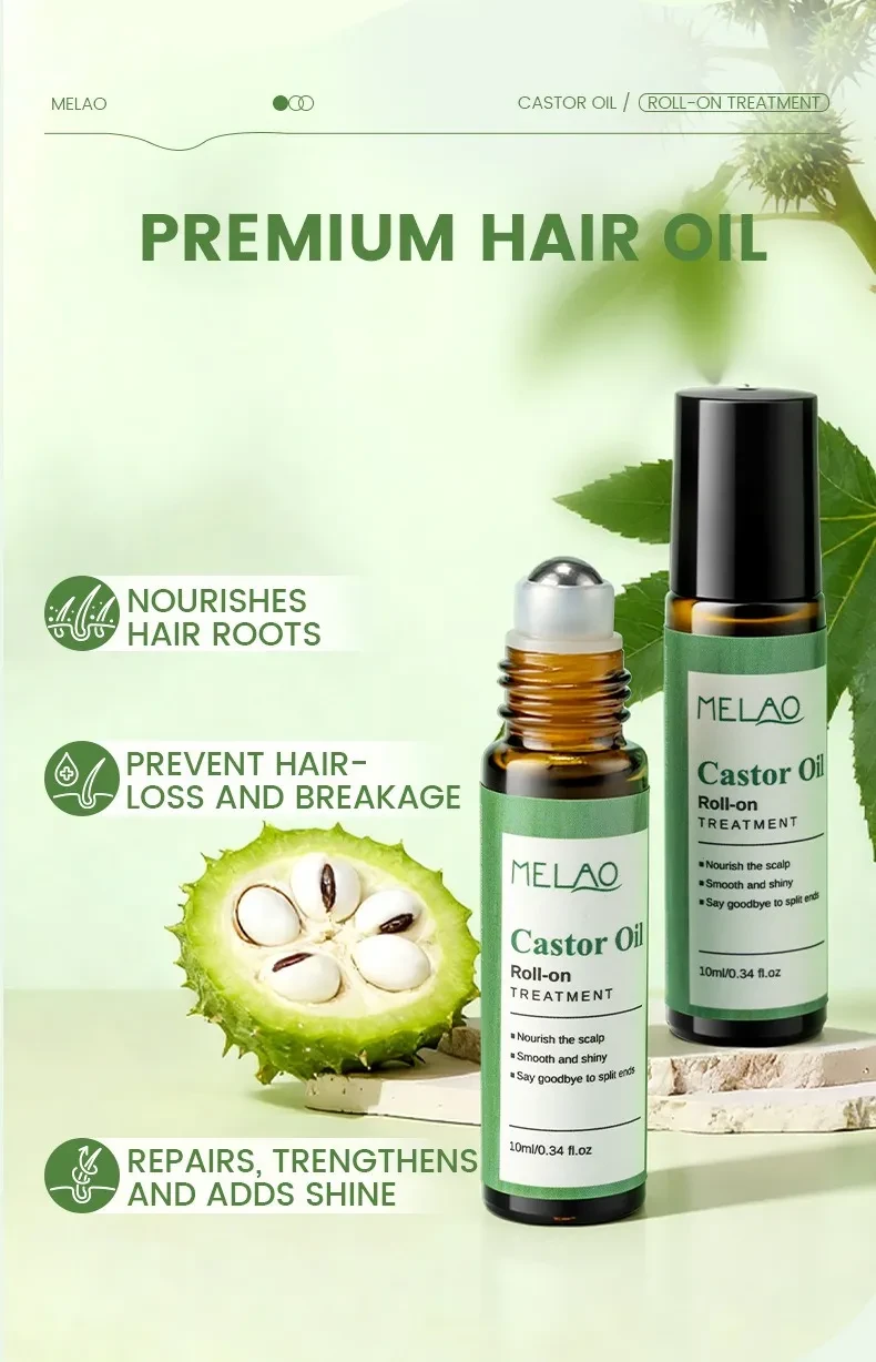 Castor Oil Roll-On Essential Oil 10ml Portable Hair Care Growth & Regeneration Serum Scalp Nourishing Oil