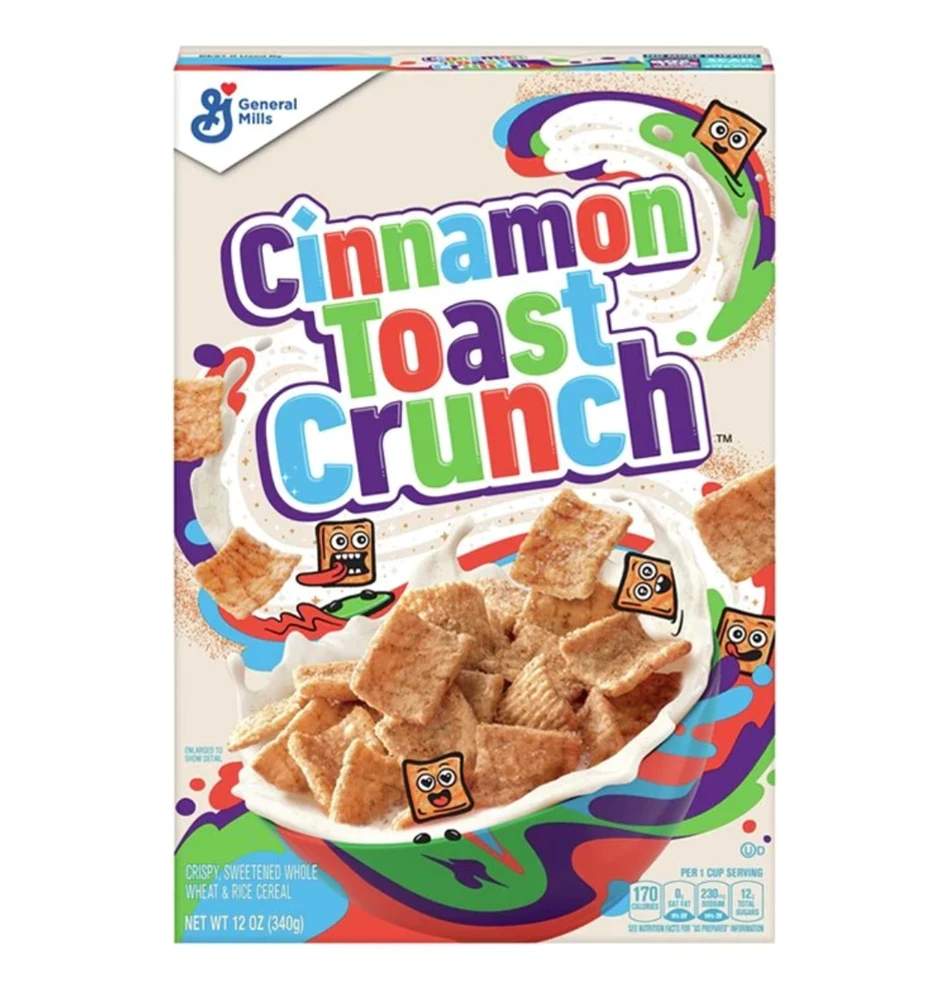 GM Cinnamon Toast Crunch Cereal 12 x 12 oz / 340g Description  GM Cinnamon Toast Crunch Cereal 12 x 12 oz / 340g is the perfect combination of crunchy, cinnamon-coated squares that deliver a burst of sweet, spicy flavour with every bite. This beloved cere