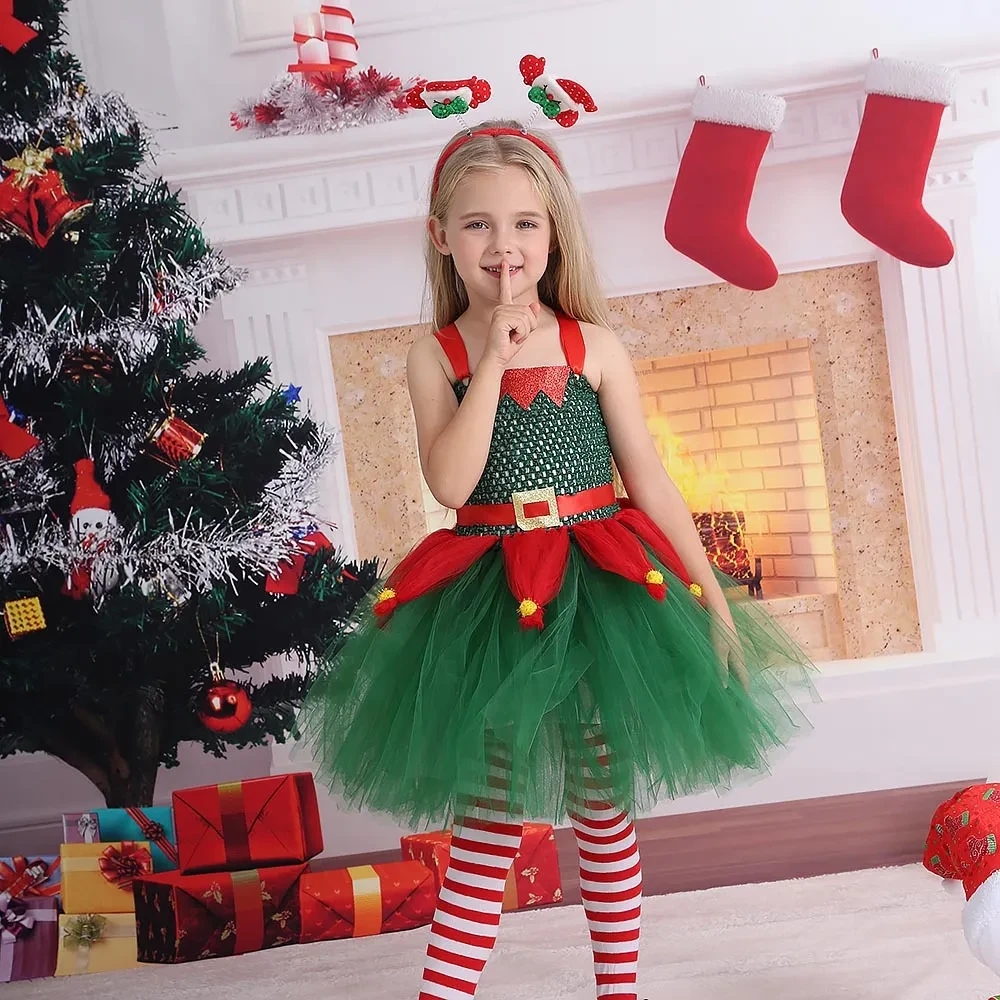 Christmas Girls Green Dress Festival Dress Up