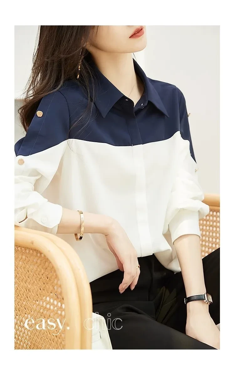 Long Sleeve Chiffon Shirt Loose Polo Collar Top For Women