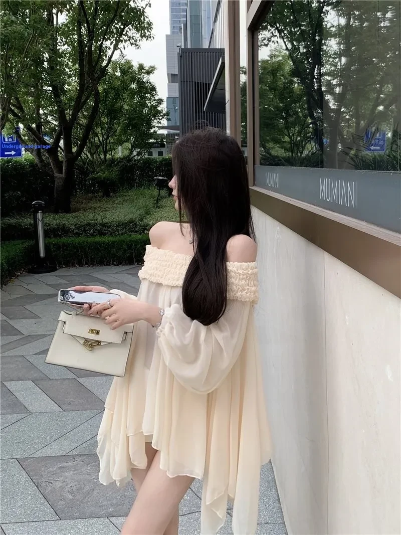 Off-shoulder Long Sleeve Chiffon Shirt Loose Mid-length Thin Top