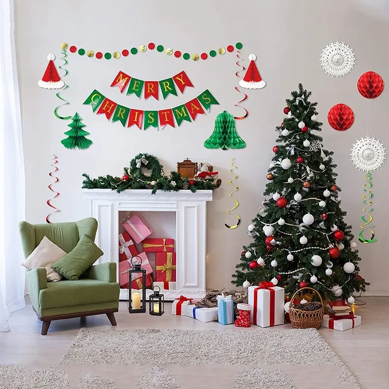 Christmas Honeycomb Ball Suit Christmas Hat Pendant Christmas Letter Hanging Flag Spiral Latte Art