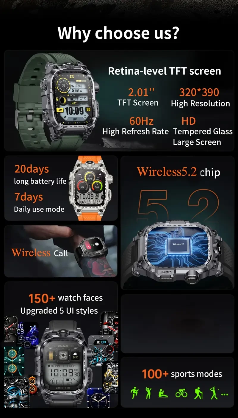 Aviwogr 2.01-Inch Outdoor Sports Smartwatch  Large Display, Fitness Tracking, and Wireless Connectivity