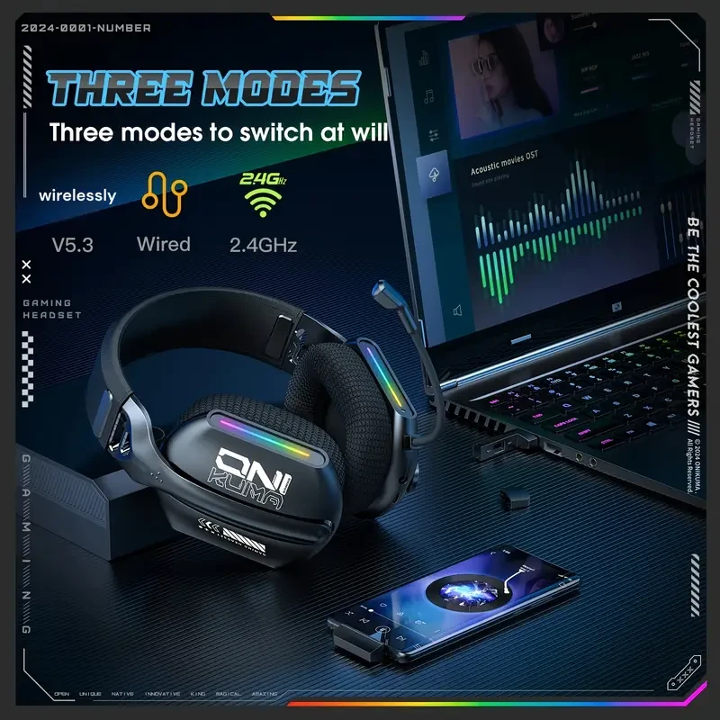 ONIKUMA 2.4G Tri-Mode Wireless Gaming Headset  Stereo Audio with Microphone for PS5, PS4, and PC