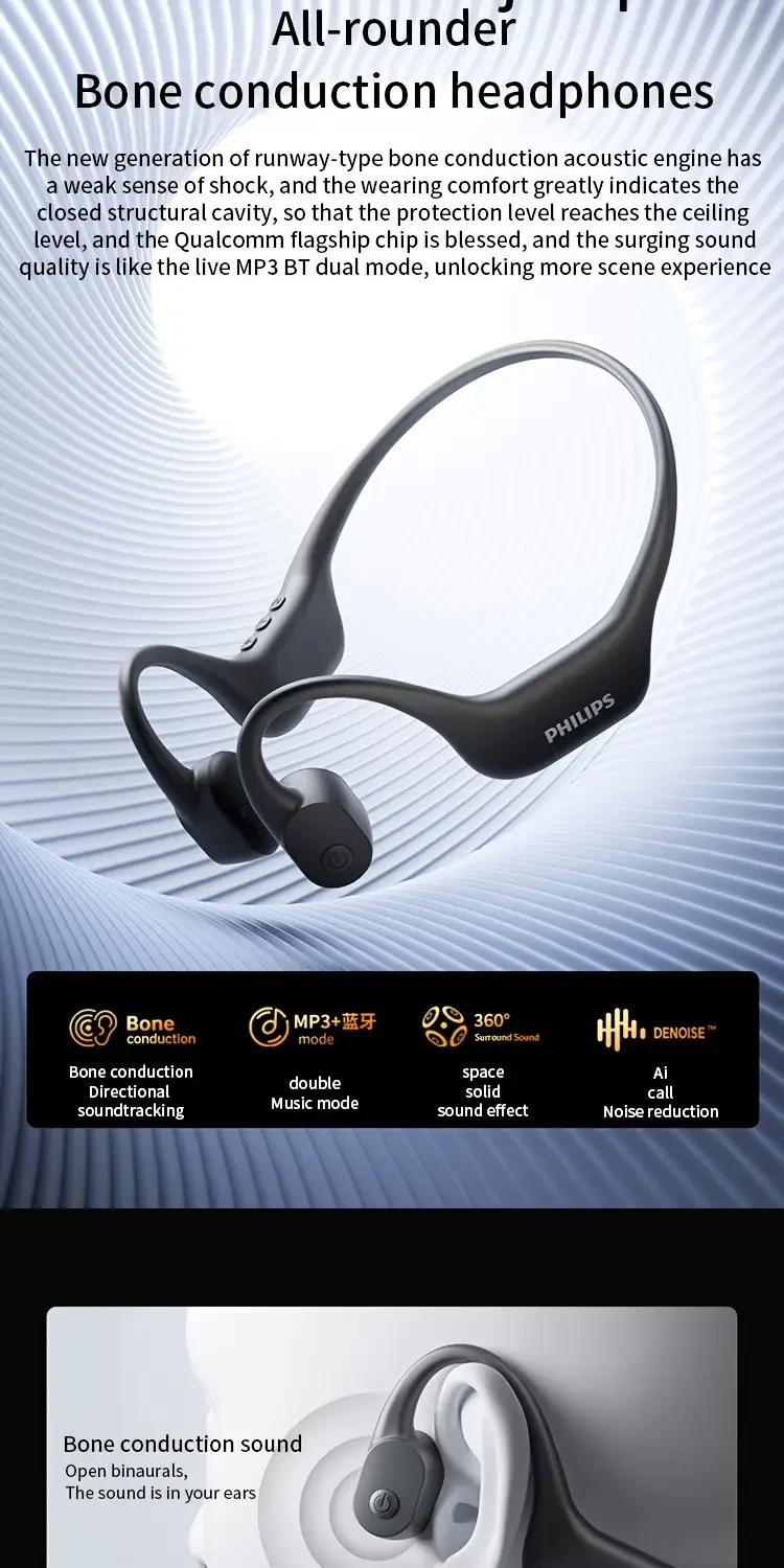 Philips TAA6609 Bone Conduction Wireless Headphones  Open-Ear Design with 16GB Memory & Dual-Mode Playback