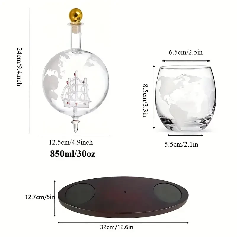 CZHOMMAGIC Whiskey Globe Decanter Set  30oz Crystal Glass Carafe with 2 Etched Glasses (3pcs)