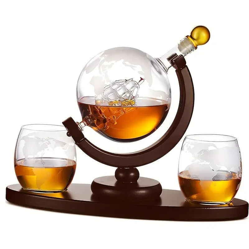 CZHOMMAGIC Whiskey Globe Decanter Set  30oz Crystal Glass Carafe with 2 Etched Glasses (3pcs)