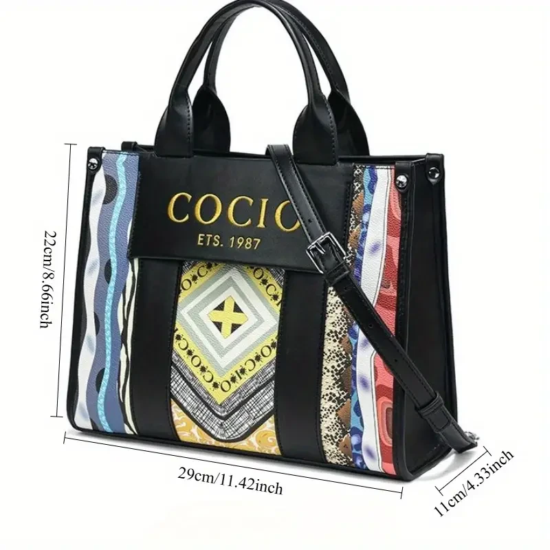 Stylish Bohemian Tote Bag with Detachable Shoulder Strap & Zipper Closure  Black Geometric Print Second-Layer Handbag (Golden-Tone Hardware, Polyester Lining)