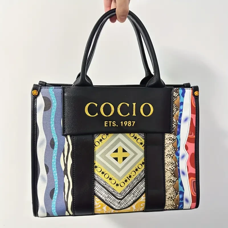 Stylish Bohemian Tote Bag with Detachable Shoulder Strap & Zipper Closure  Black Geometric Print Second-Layer Handbag (Golden-Tone Hardware, Polyester Lining)